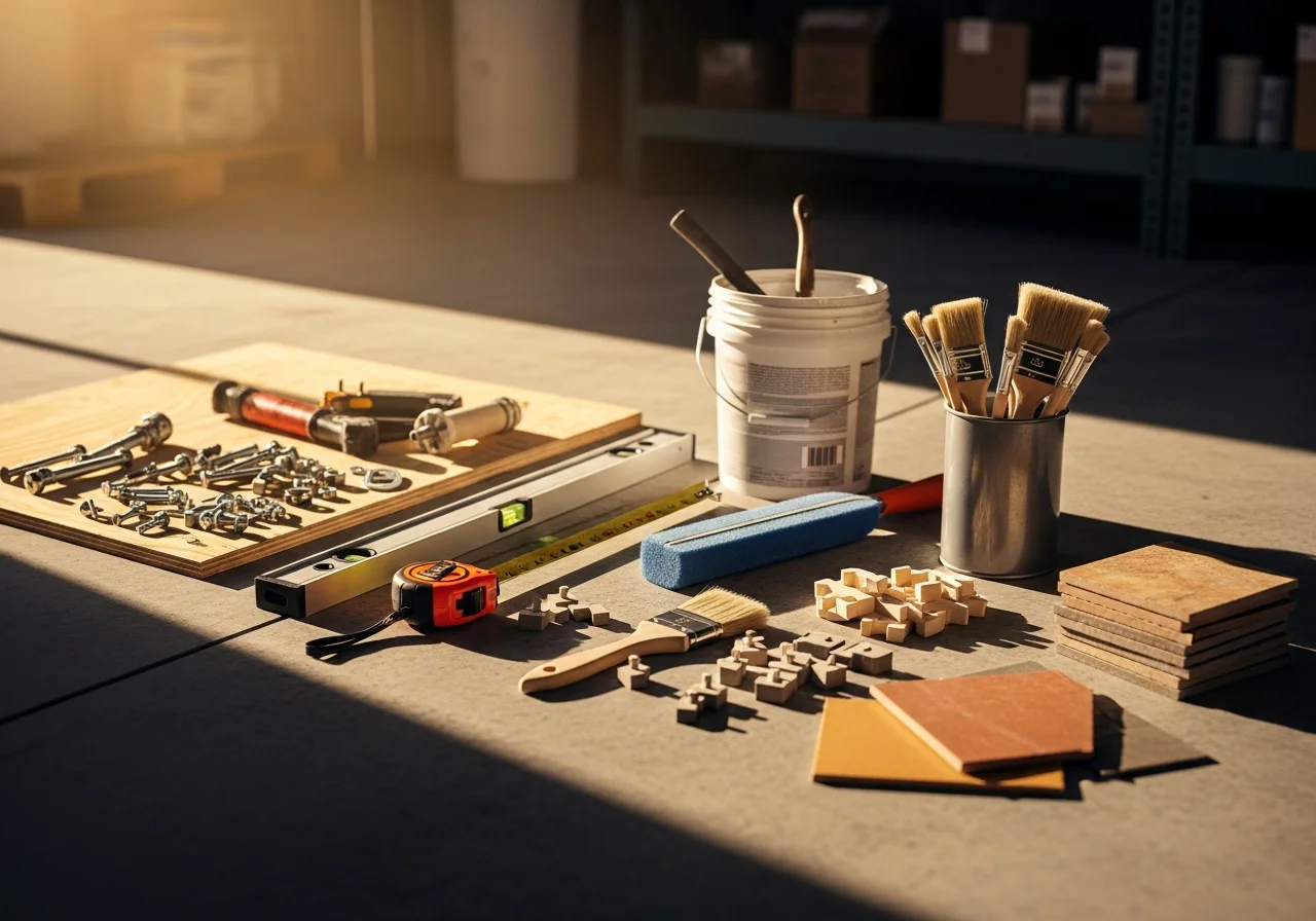 Renovation tools and materials arranged on a work surface, ready for a home improvement project.