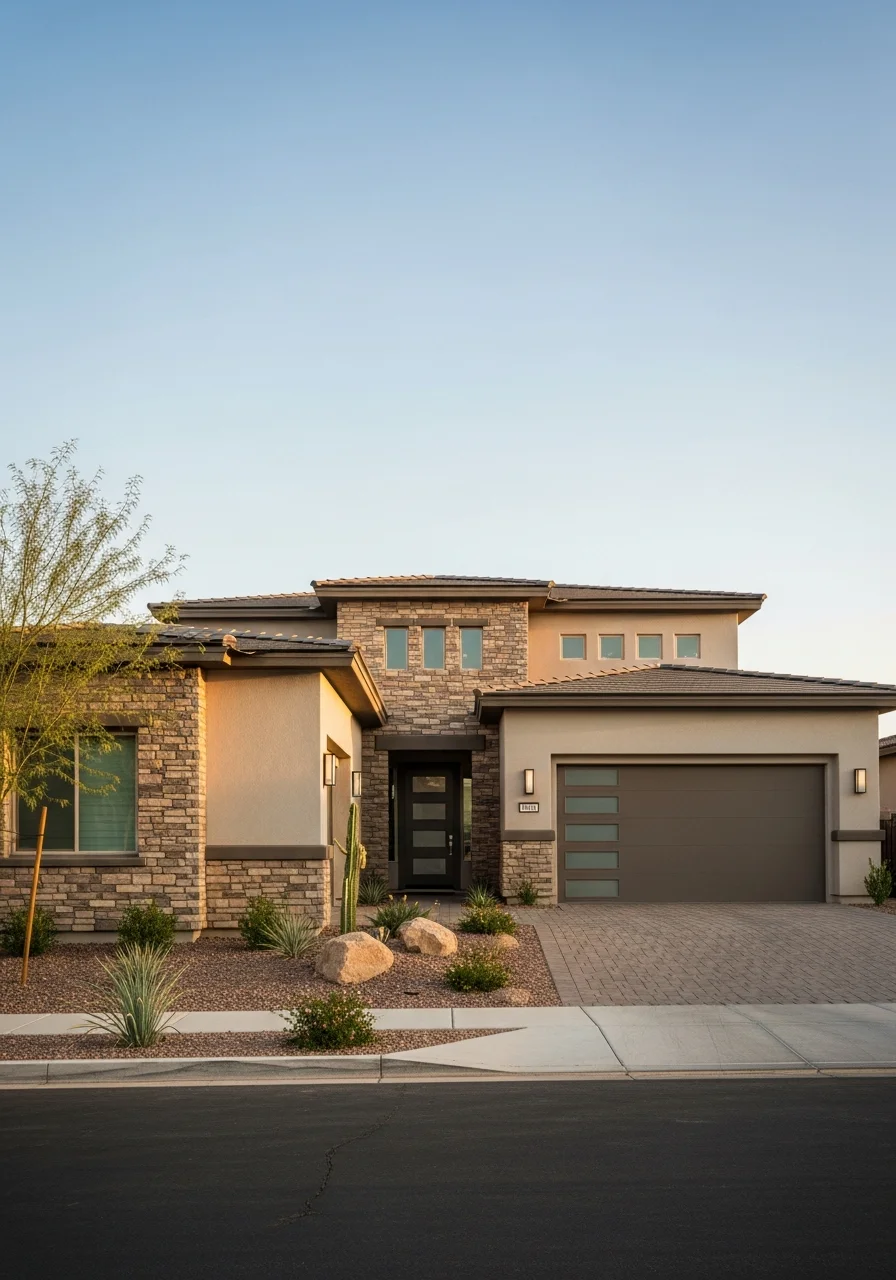Street-level view of a Henderson home with contemporary design and manicured landscaping typical of the area.