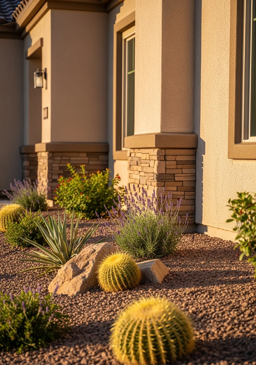 Close-up of a Las Vegas home exterior showing desert-adapted landscaping and local architectural style.