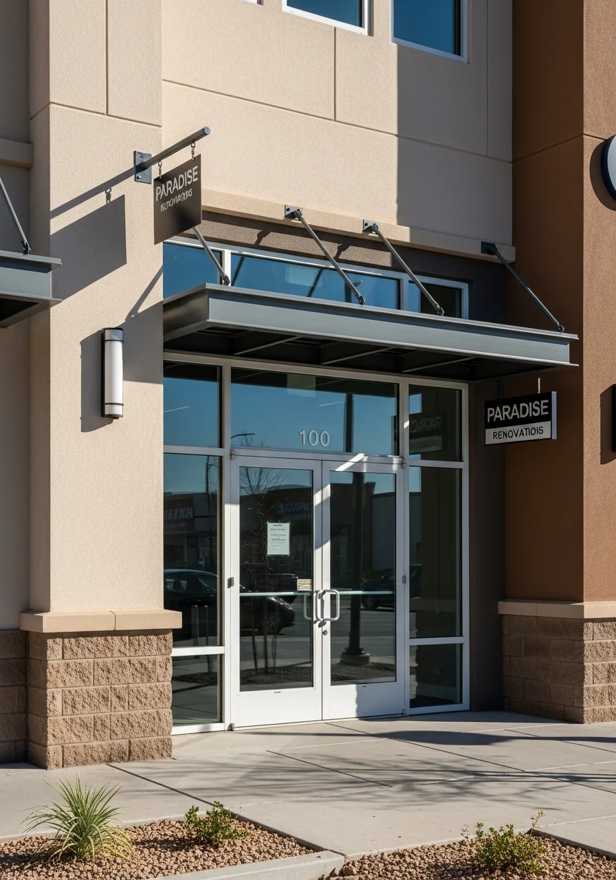 Close-up of a commercial property entrance in Paradise area with professional signage and maintained exterior.