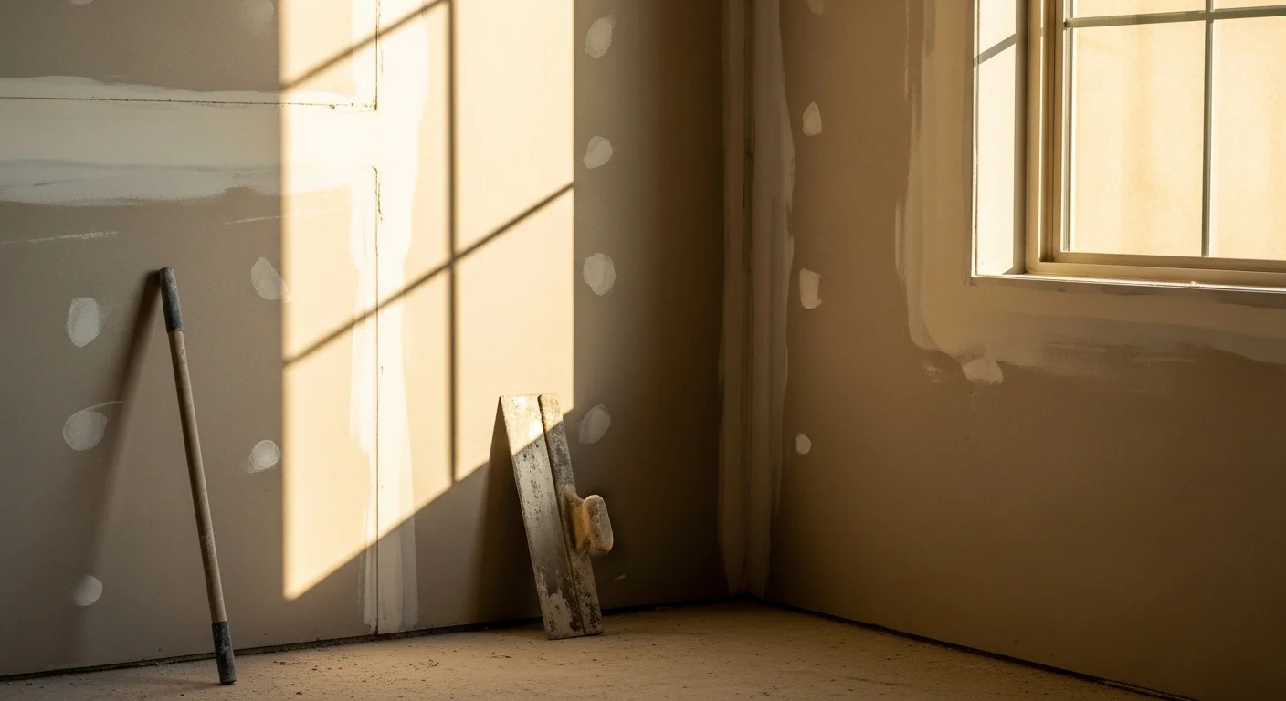 A freshly finished interior wall in a Las Vegas home showing smooth, seamless drywall ready for paint. A painter's light reveals flat, even joint lines with no visible tape or ridges across the surface.