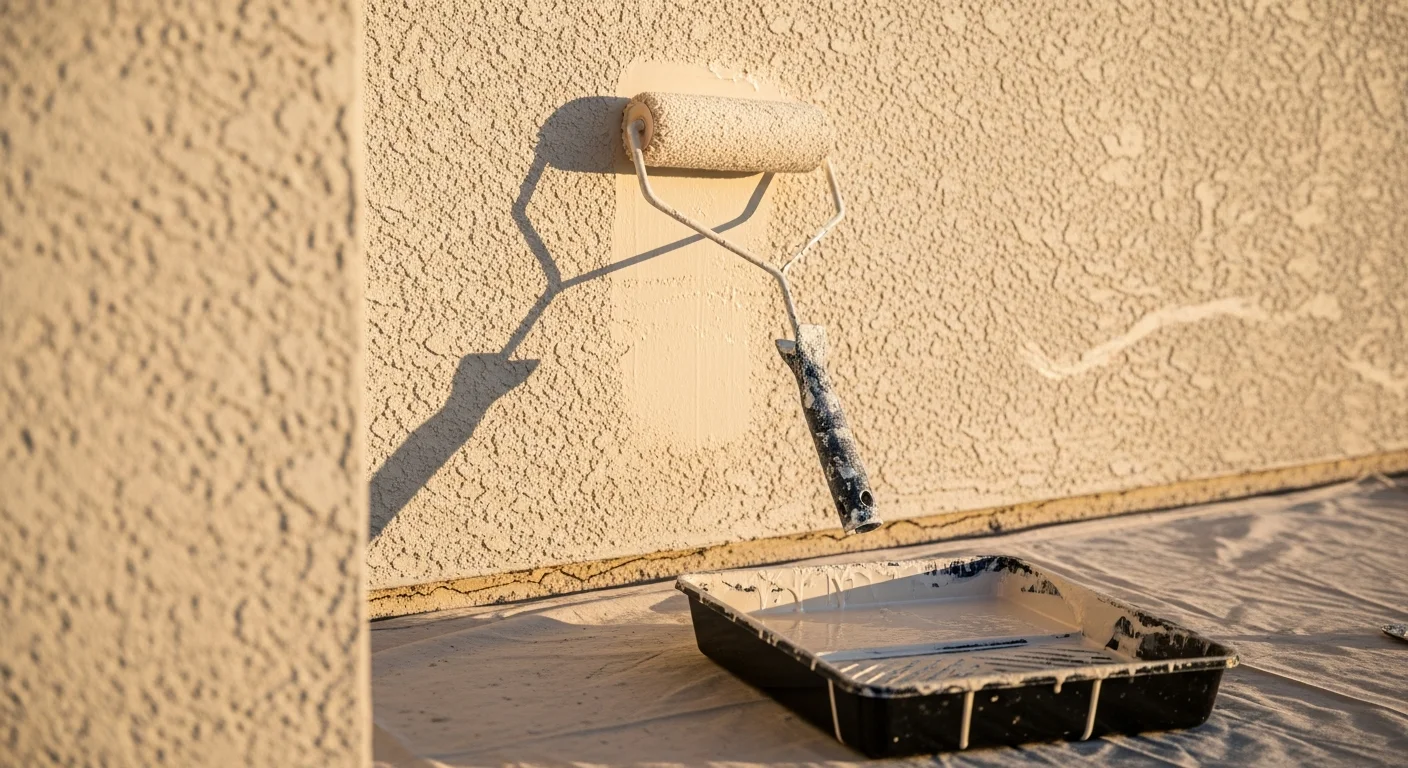 A freshly painted single-story stucco home exterior in Las Vegas with clean lines and a neutral desert-tone finish. The painted surface shows no cracking or fading under bright Nevada sunlight.