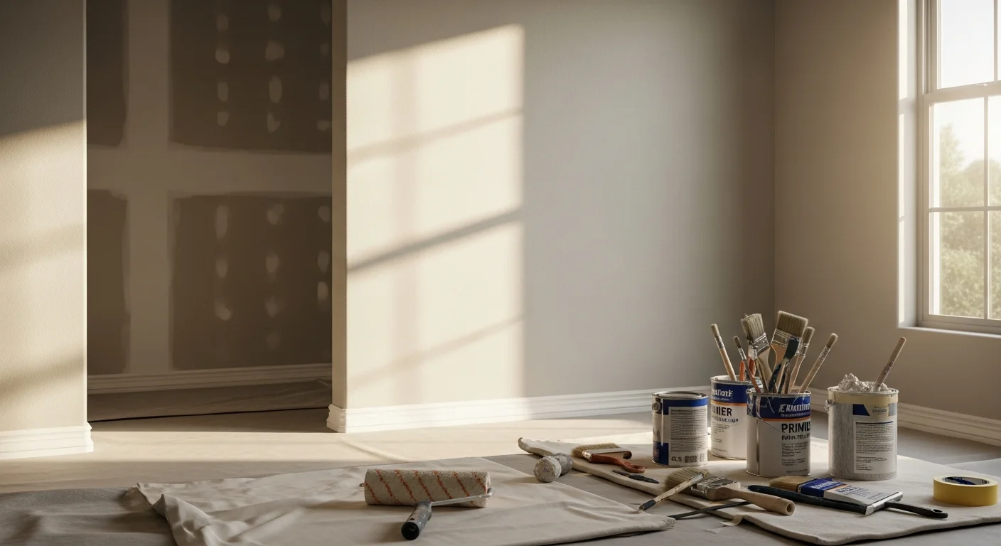 A freshly painted living room interior in a Las Vegas home, showing smooth, even walls in a neutral tone with clean lines along white trim and ceiling. Natural desert light from a large window highlights the finished surface with no visible lap marks or patching.
