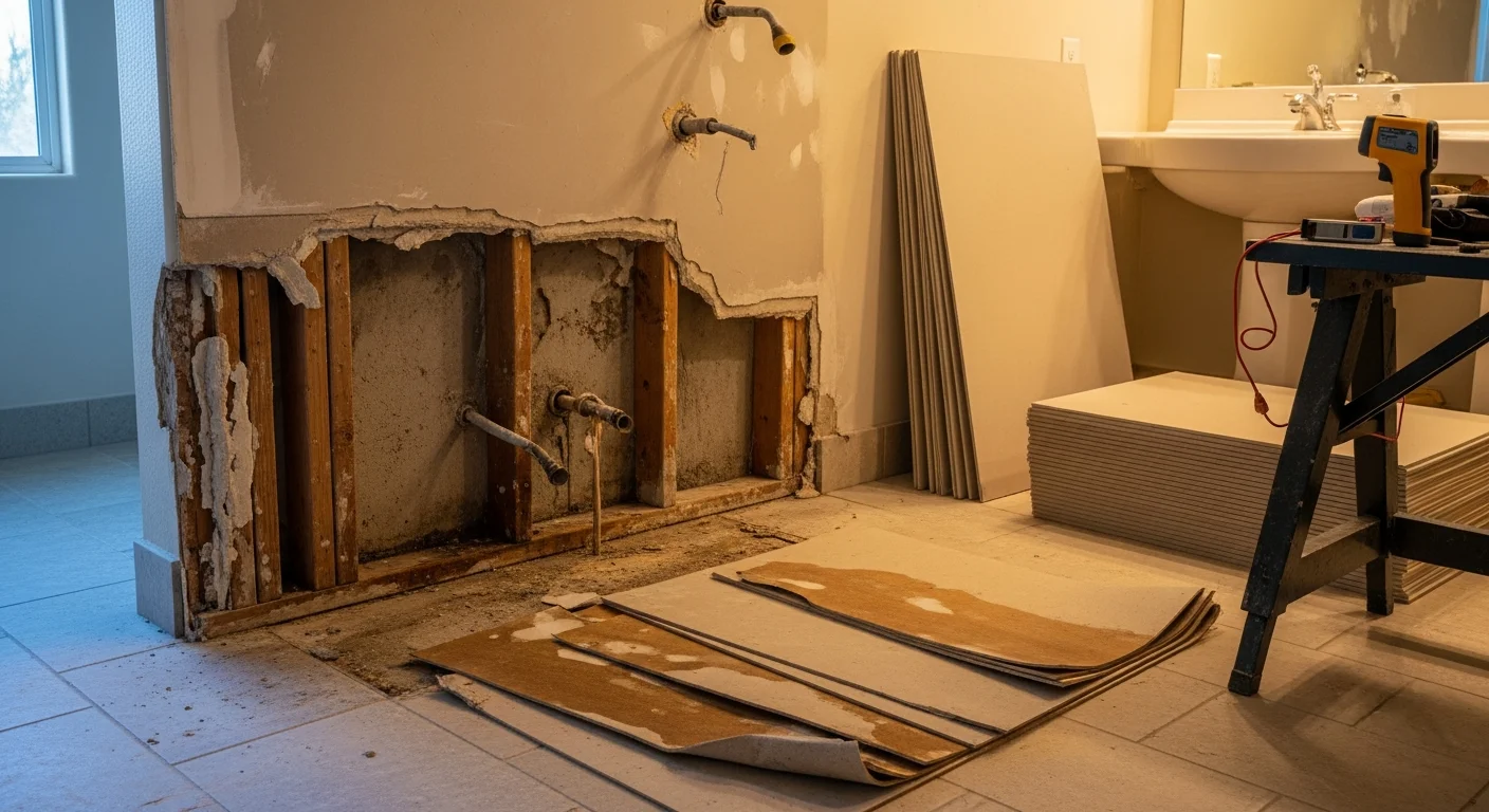 Contractor replacing water-damaged drywall panels in a Las Vegas home after a burst pipe leak. Warped flooring sections are removed and staged nearby, ready for replacement.